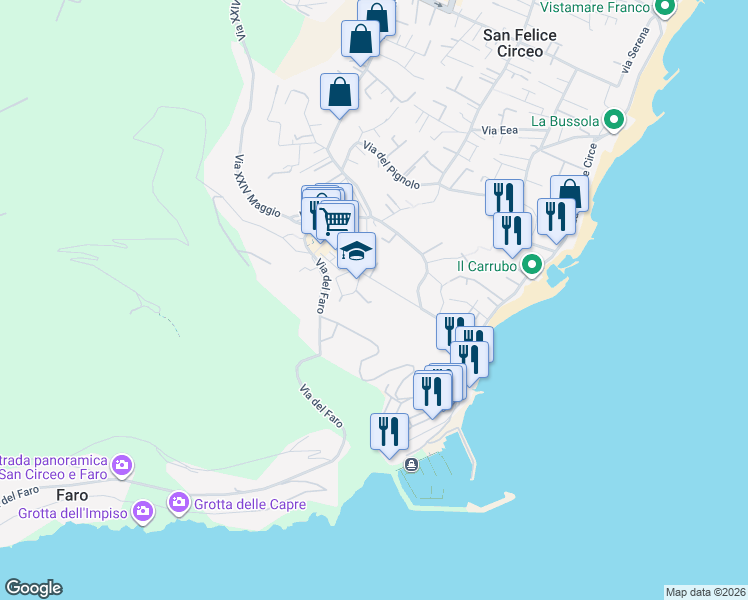 map of restaurants, bars, coffee shops, grocery stores, and more near 8 Via Gino Rossi in San Felice Circeo