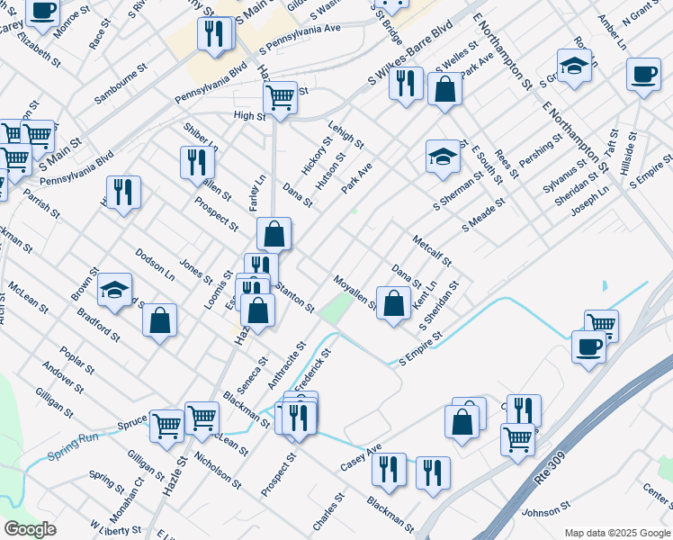 map of restaurants, bars, coffee shops, grocery stores, and more near 456 South Grant Street in Wilkes-Barre