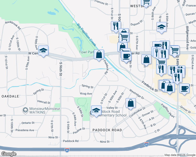 map of restaurants, bars, coffee shops, grocery stores, and more near 3006 Paddock Road in Omaha