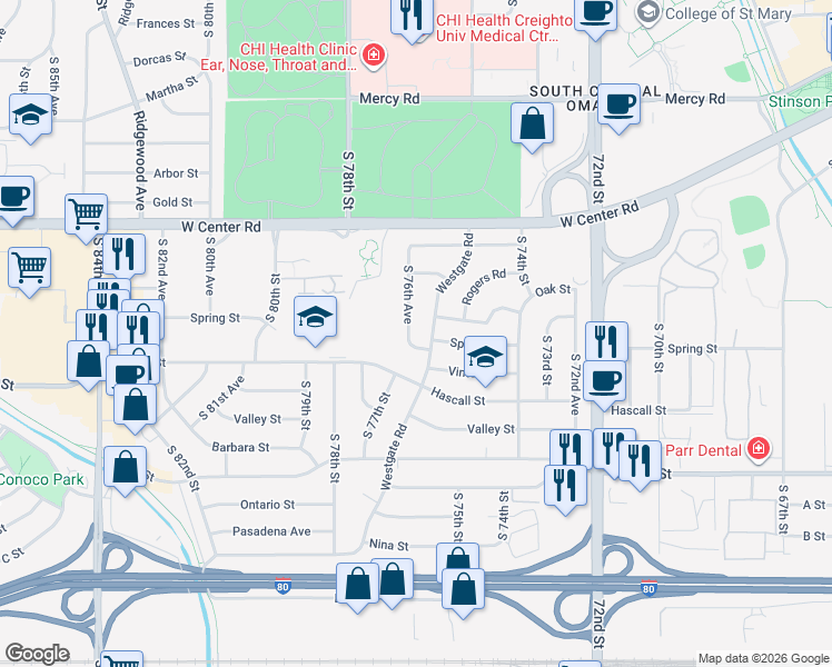 map of restaurants, bars, coffee shops, grocery stores, and more near 7621 Spring Street in Omaha