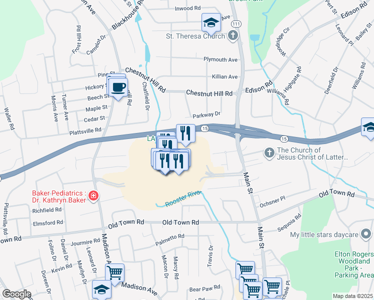 map of restaurants, bars, coffee shops, grocery stores, and more near 5065 Main Street in Trumbull