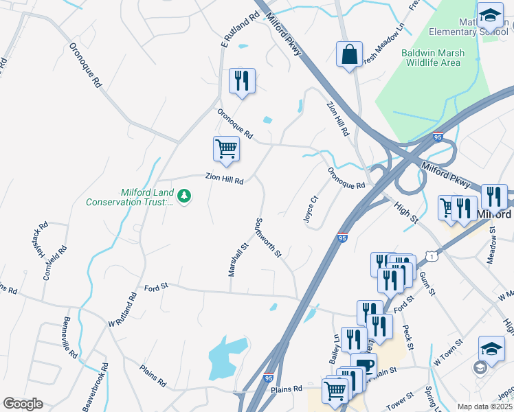 map of restaurants, bars, coffee shops, grocery stores, and more near 117 Southworth Street in Milford