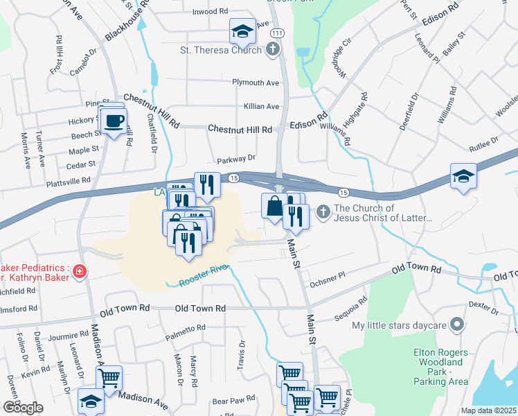 map of restaurants, bars, coffee shops, grocery stores, and more near 38 Stuart Place in Trumbull