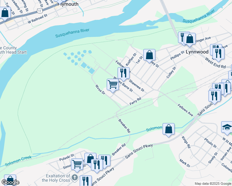 map of restaurants, bars, coffee shops, grocery stores, and more near 582 Nanticoke Street in Wilkes-Barre