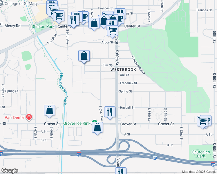 map of restaurants, bars, coffee shops, grocery stores, and more near 3115 South 61st Avenue in Omaha