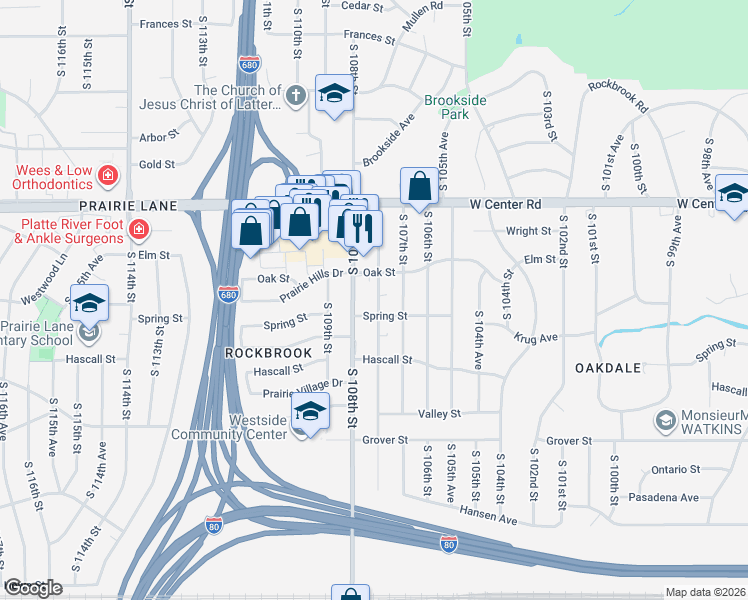 map of restaurants, bars, coffee shops, grocery stores, and more near 3105 South 108th Street in Omaha