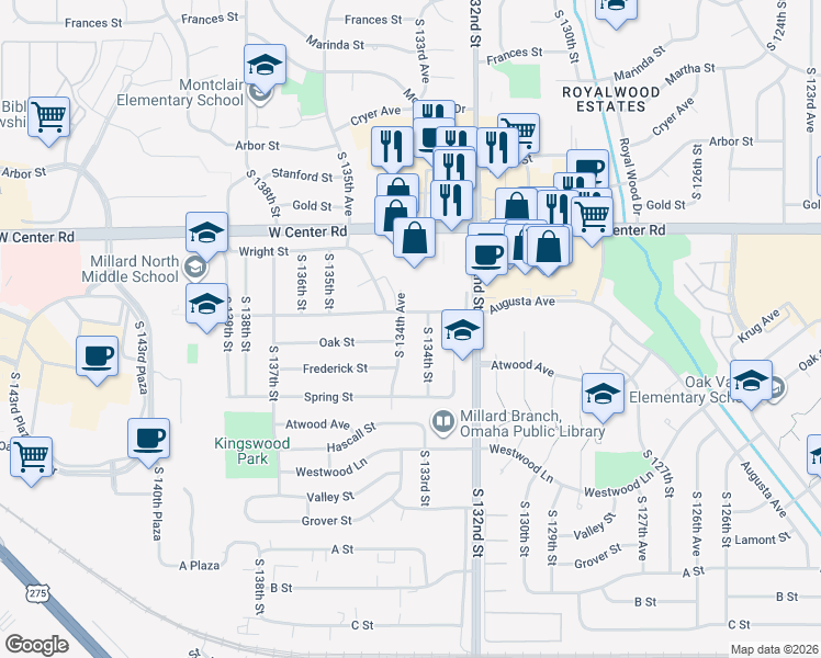 map of restaurants, bars, coffee shops, grocery stores, and more near 3042 South 134th Street in Omaha
