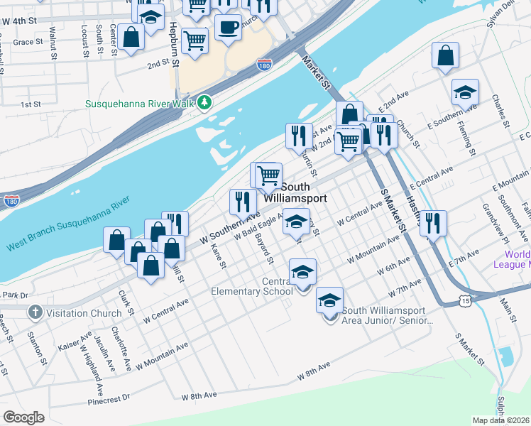 map of restaurants, bars, coffee shops, grocery stores, and more near W Bald Eagle Ave in South Williamsport