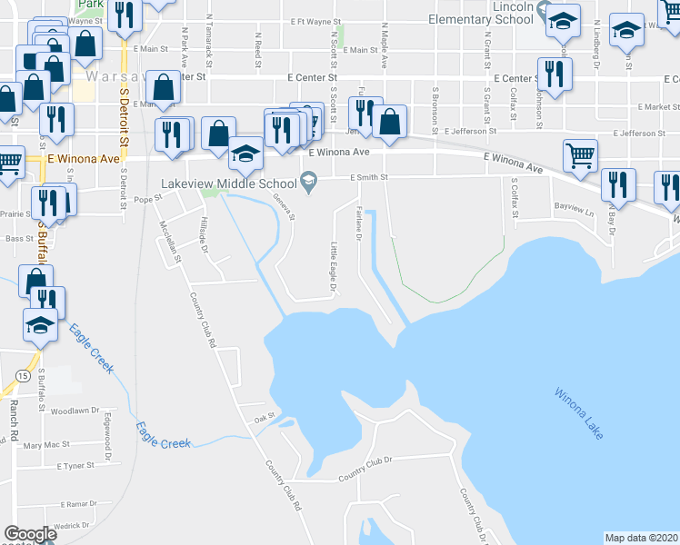 map of restaurants, bars, coffee shops, grocery stores, and more near 46 Little Eagle Drive in Warsaw