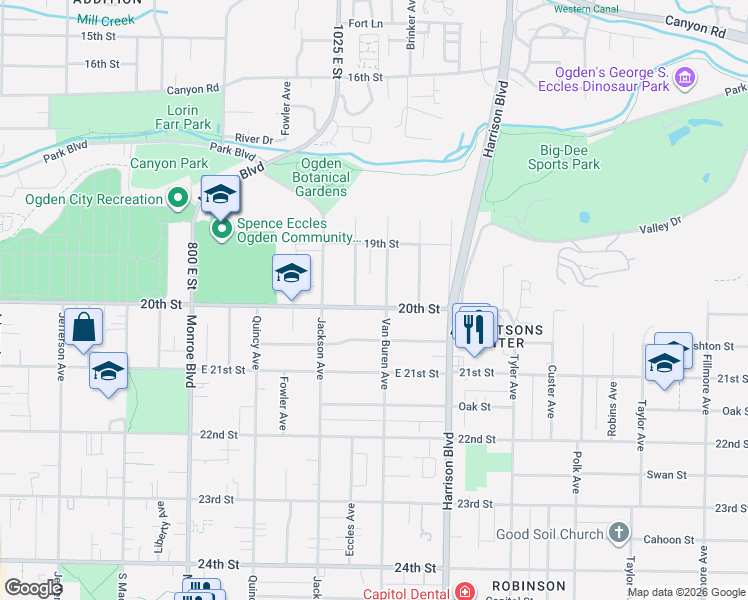 map of restaurants, bars, coffee shops, grocery stores, and more near 2017 Van Buren Avenue in Ogden