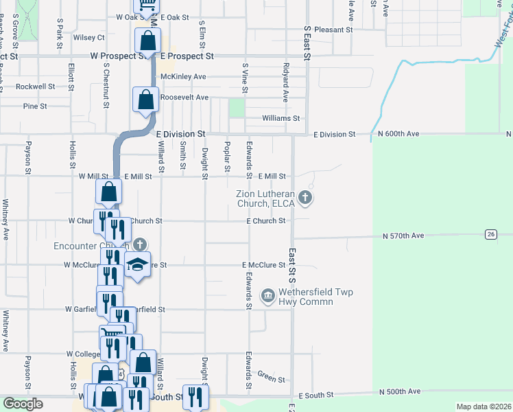 map of restaurants, bars, coffee shops, grocery stores, and more near 201-299 Edwards Street in Kewanee