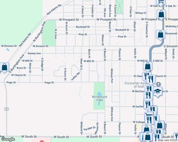 map of restaurants, bars, coffee shops, grocery stores, and more near 303 Birch Place in Kewanee