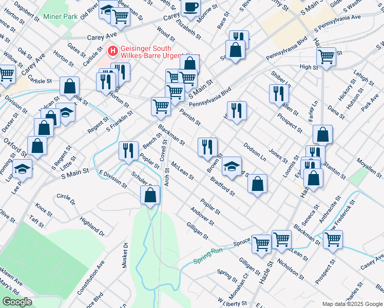 map of restaurants, bars, coffee shops, grocery stores, and more near 70 McLean Street in Wilkes-Barre