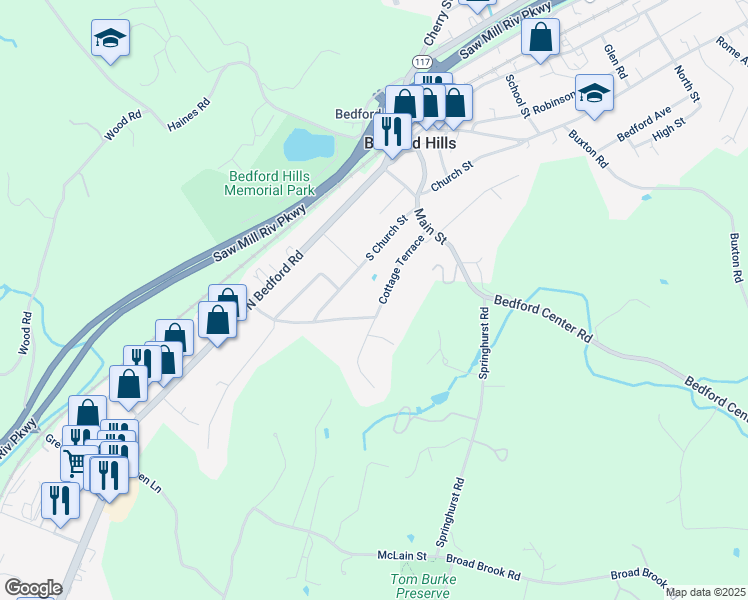 map of restaurants, bars, coffee shops, grocery stores, and more near 55 Woodland Road in Bedford Hills
