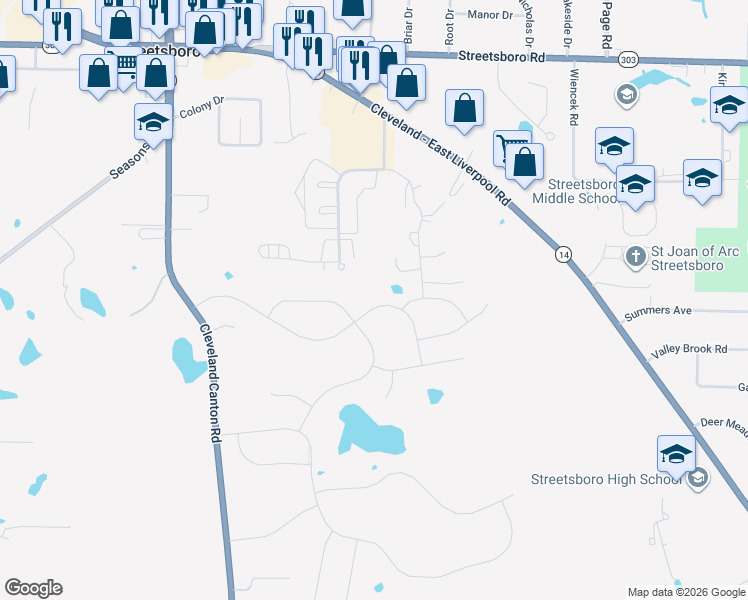 map of restaurants, bars, coffee shops, grocery stores, and more near 1615 Crescent Drive in Streetsboro