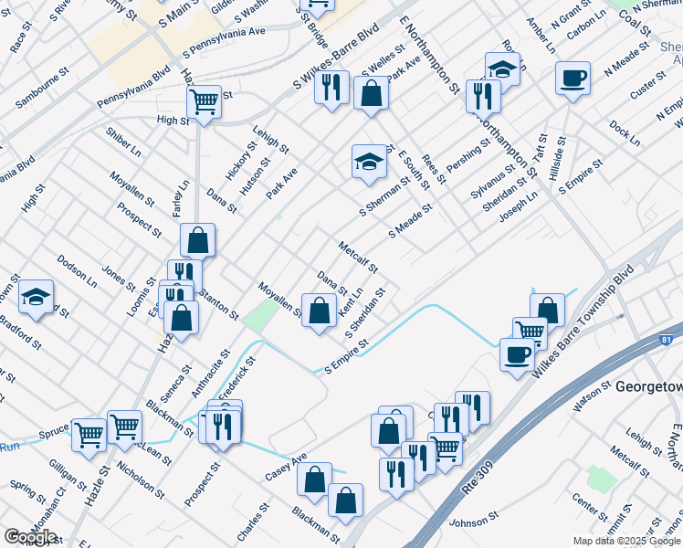 map of restaurants, bars, coffee shops, grocery stores, and more near 363 South Meade Street in Wilkes-Barre