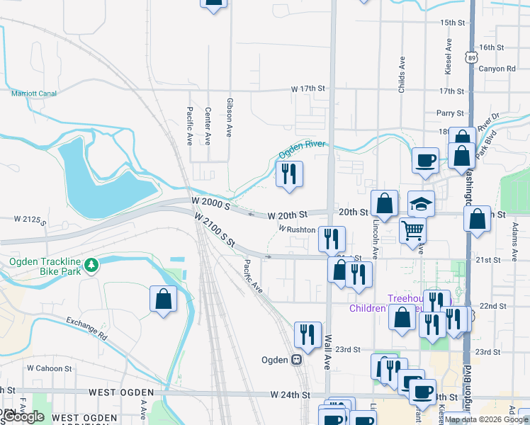 map of restaurants, bars, coffee shops, grocery stores, and more near 230-250 West 20th Street in Ogden