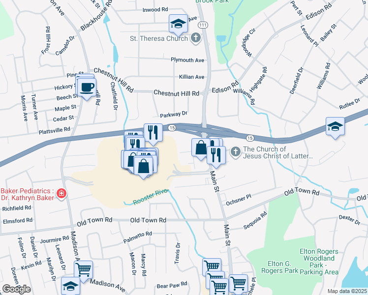 map of restaurants, bars, coffee shops, grocery stores, and more near 45 Whalburn Avenue in Trumbull