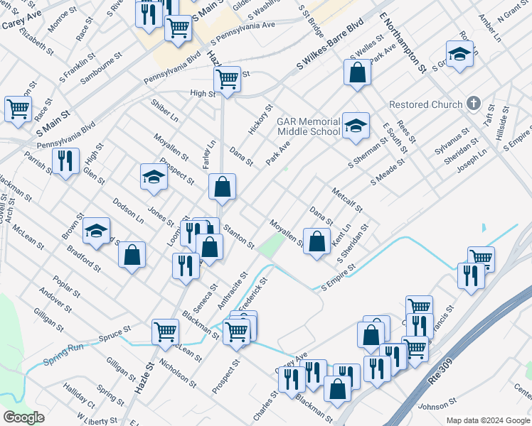 map of restaurants, bars, coffee shops, grocery stores, and more near 478 South Grant Street in Wilkes-Barre
