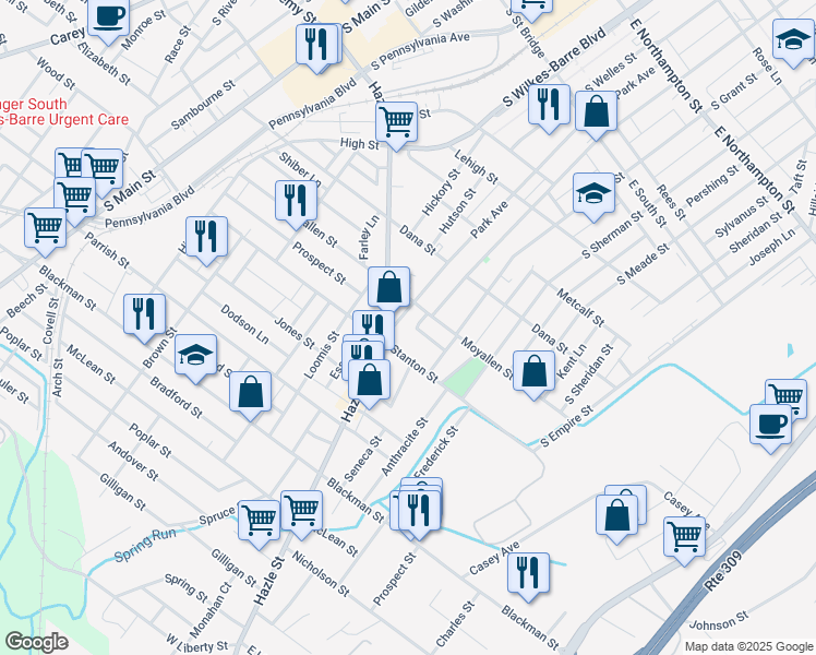 map of restaurants, bars, coffee shops, grocery stores, and more near 346 Stanton Street in Wilkes-Barre