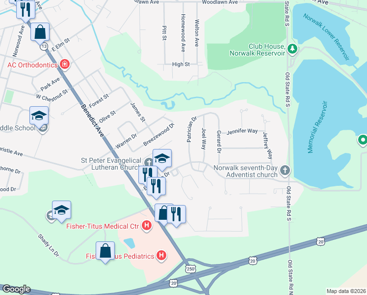 map of restaurants, bars, coffee shops, grocery stores, and more near 3 Patrician Drive in Norwalk