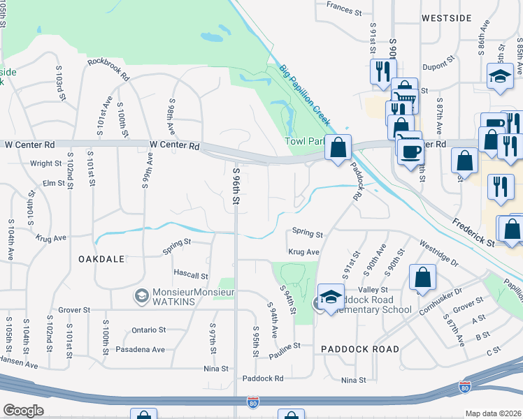 map of restaurants, bars, coffee shops, grocery stores, and more near 3031 South 94th Street in Omaha