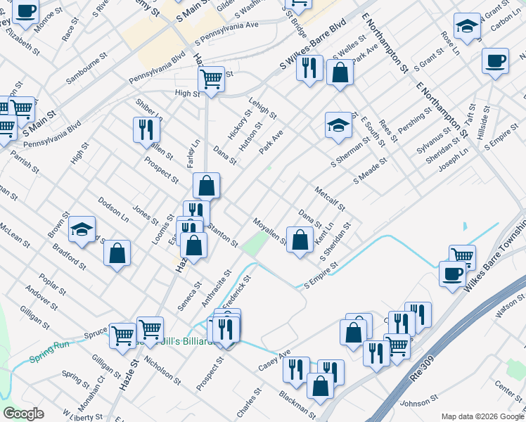 map of restaurants, bars, coffee shops, grocery stores, and more near 431 S Sherman St in Wilkes-Barre
