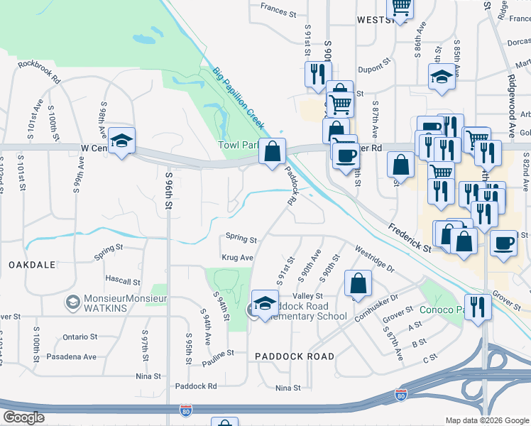 map of restaurants, bars, coffee shops, grocery stores, and more near 3006 Paddock Road in Omaha