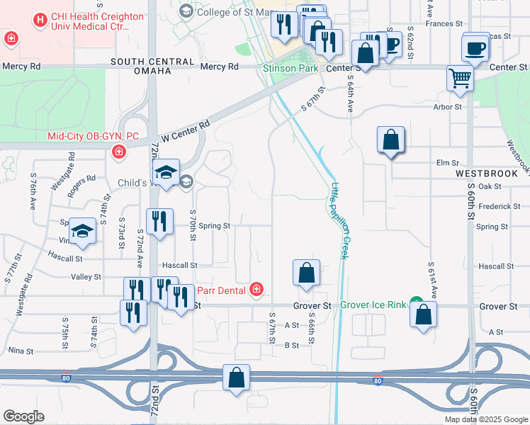 map of restaurants, bars, coffee shops, grocery stores, and more near 6808 Spring Street in Omaha
