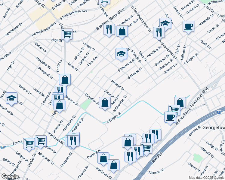 map of restaurants, bars, coffee shops, grocery stores, and more near 363 South Meade Street in Wilkes-Barre
