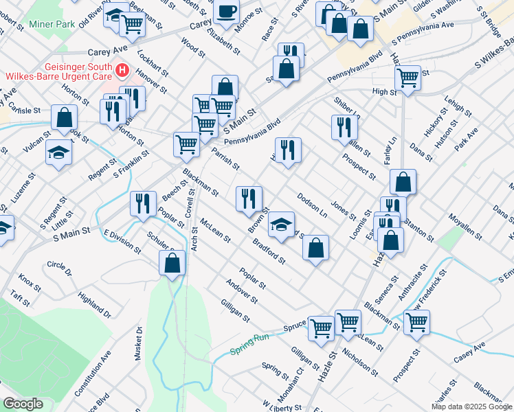 map of restaurants, bars, coffee shops, grocery stores, and more near 23 Holland Street in Wilkes-Barre