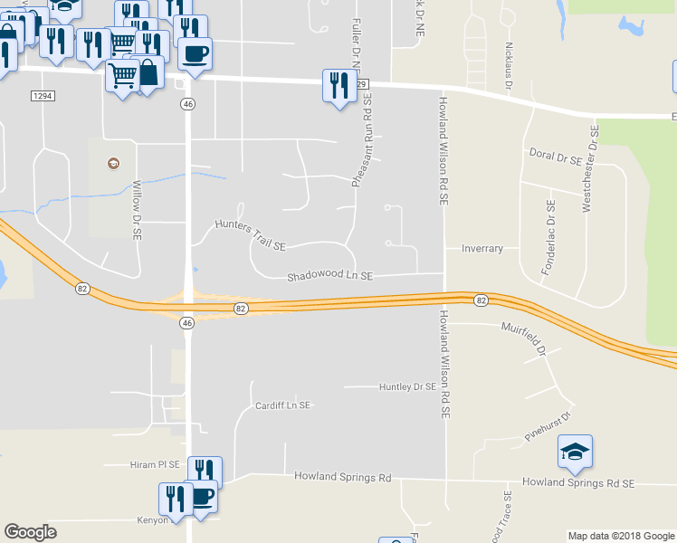 map of restaurants, bars, coffee shops, grocery stores, and more near 781 Shadowood Lane Southeast in Warren