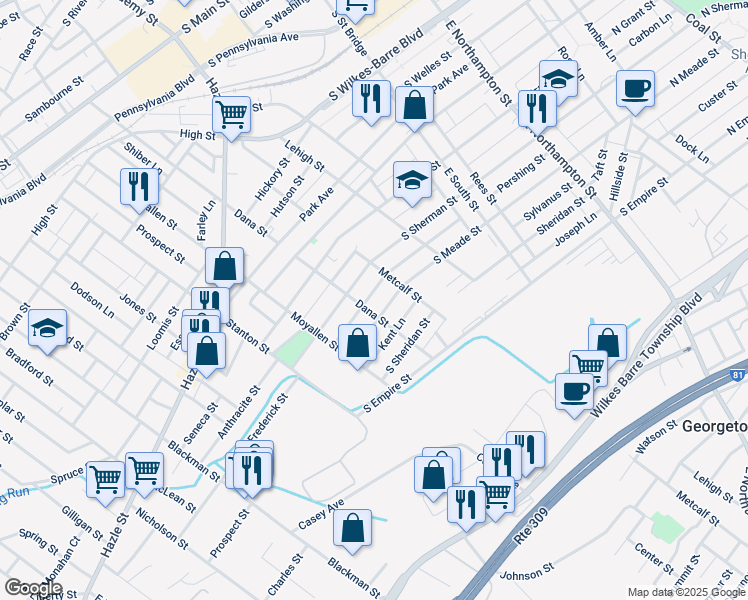 map of restaurants, bars, coffee shops, grocery stores, and more near 152 Almond Lane in Wilkes-Barre
