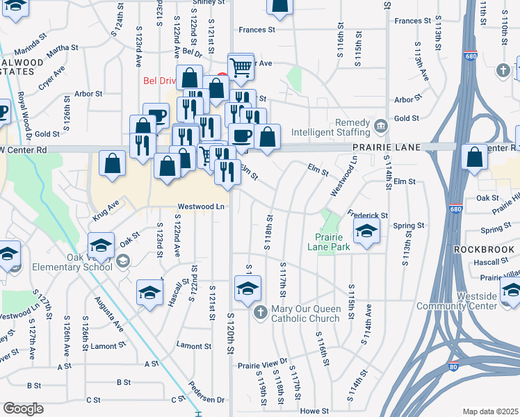 map of restaurants, bars, coffee shops, grocery stores, and more near 11906 Westwood Lane in Omaha