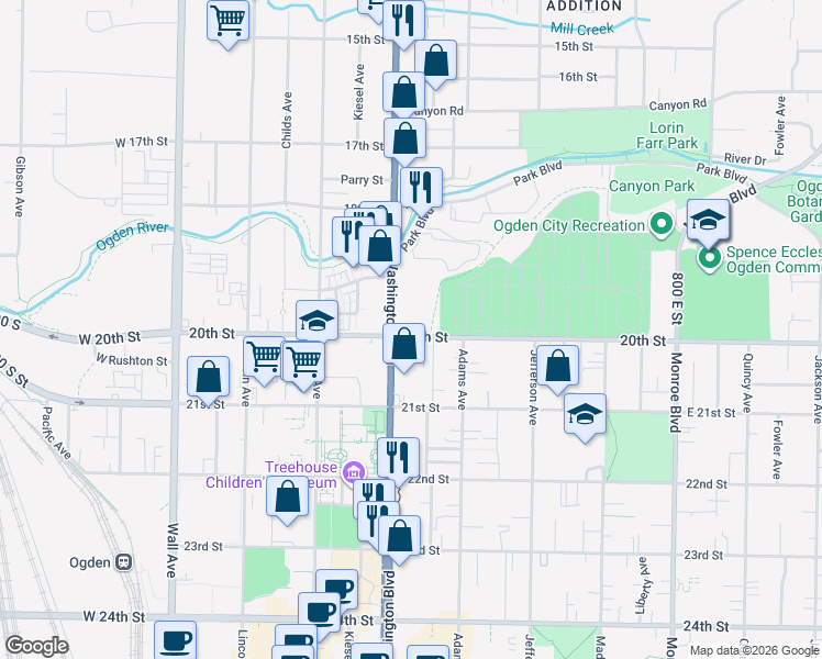 map of restaurants, bars, coffee shops, grocery stores, and more near 1970 Washington Boulevard in Ogden