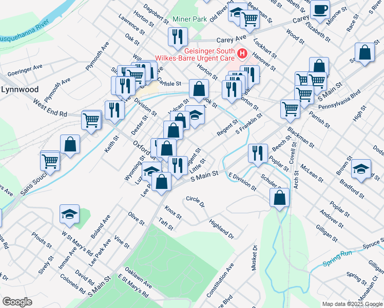 map of restaurants, bars, coffee shops, grocery stores, and more near 93 Division Street in Wilkes-Barre