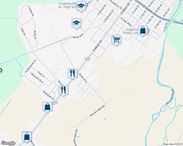 map of restaurants, bars, coffee shops, grocery stores, and more near 571 Pennsylvania 405 in Hughesville