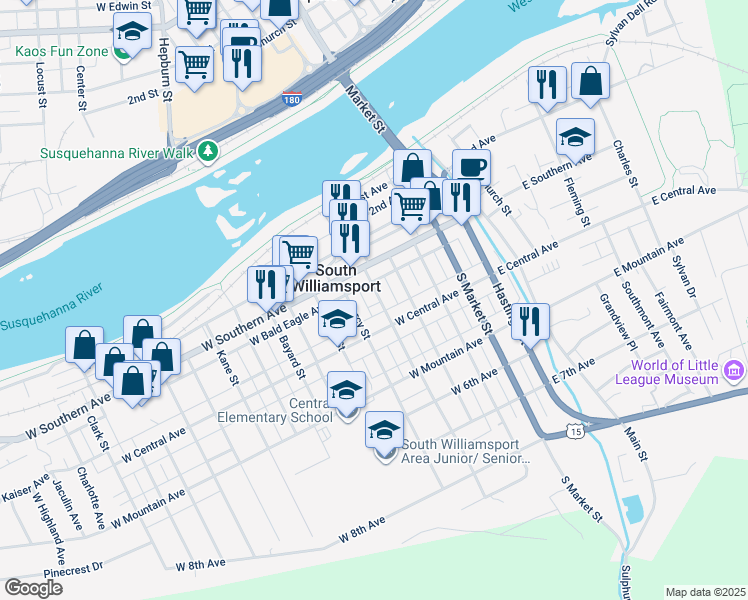 map of restaurants, bars, coffee shops, grocery stores, and more near 300 Curtin Street in South Williamsport
