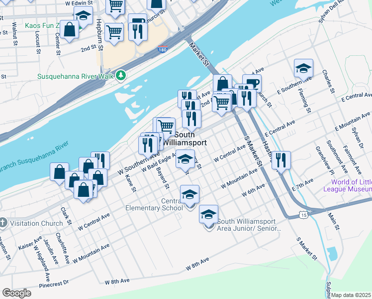 map of restaurants, bars, coffee shops, grocery stores, and more near in South Williamsport