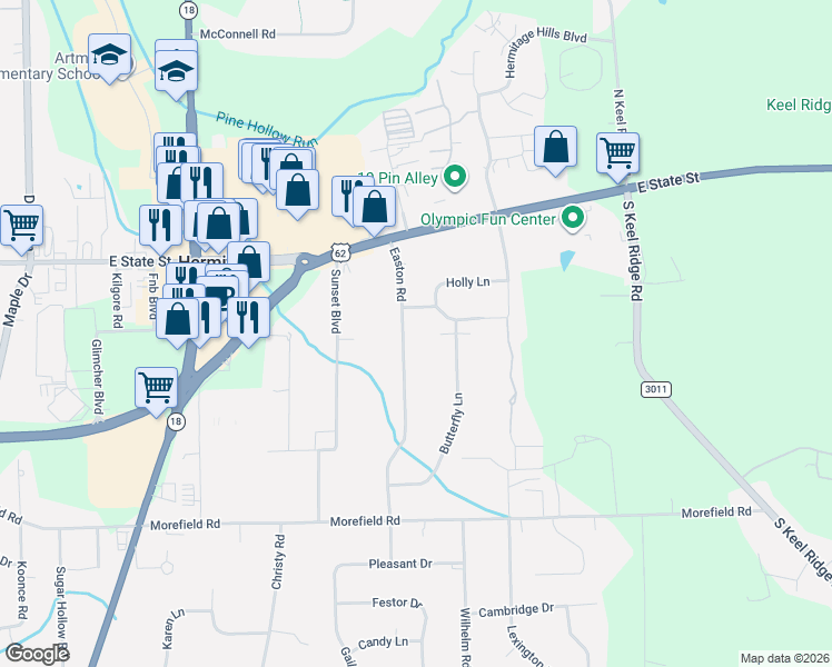 map of restaurants, bars, coffee shops, grocery stores, and more near 3730 Holly Lane in Hermitage