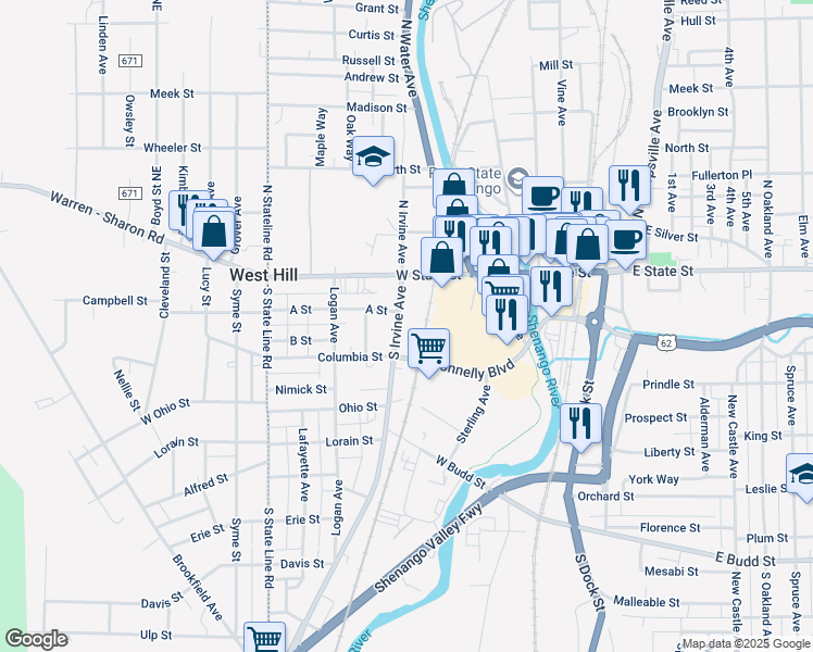 map of restaurants, bars, coffee shops, grocery stores, and more near 24-62 South Irvine Avenue in Sharon