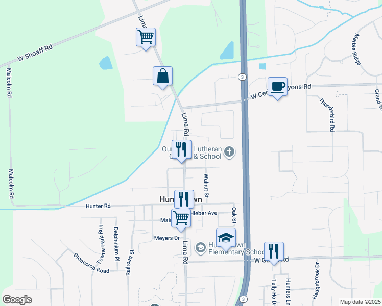 map of restaurants, bars, coffee shops, grocery stores, and more near 15940 Old Lima Road in Huntertown