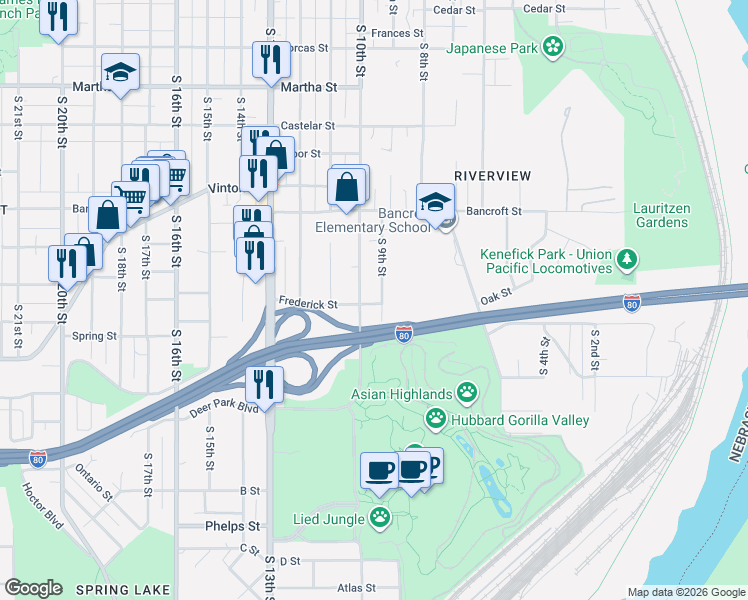 map of restaurants, bars, coffee shops, grocery stores, and more near 2775 South 10th Street in Omaha