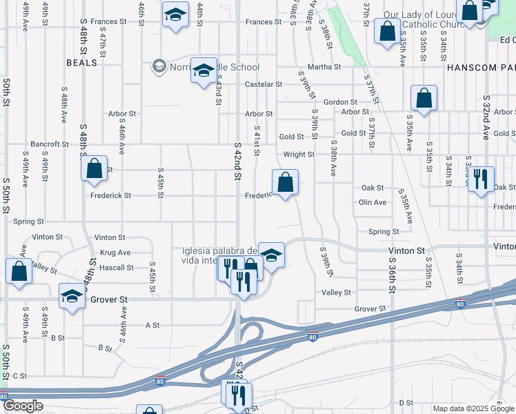 map of restaurants, bars, coffee shops, grocery stores, and more near 4052 Frederick Street in Omaha