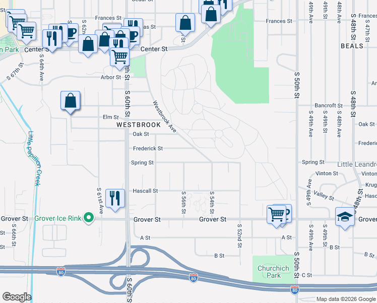 map of restaurants, bars, coffee shops, grocery stores, and more near 3022 Westbrook Avenue in Omaha