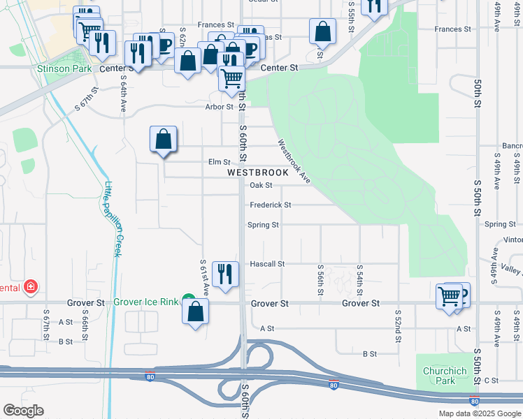 map of restaurants, bars, coffee shops, grocery stores, and more near 5811 Oak Street in Omaha