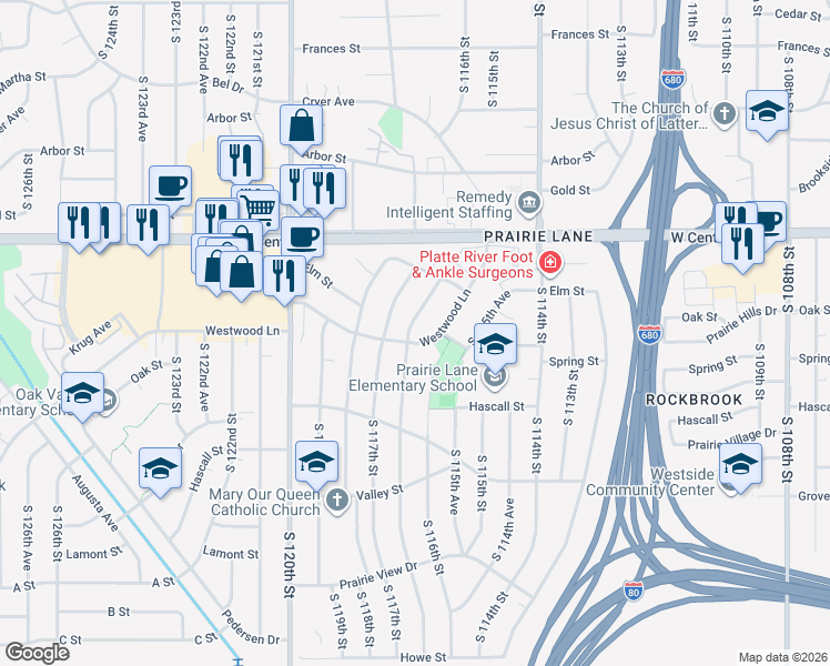 map of restaurants, bars, coffee shops, grocery stores, and more near 2912 South 116th Avenue in Omaha