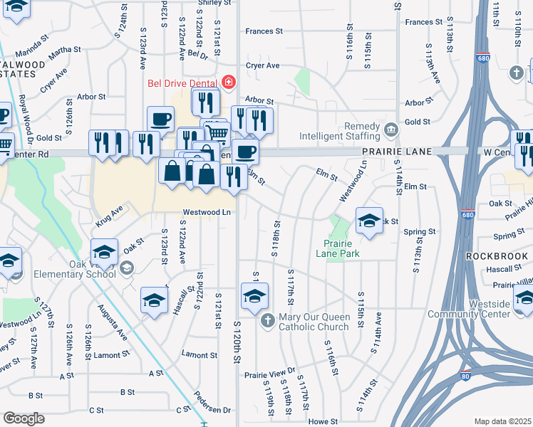 map of restaurants, bars, coffee shops, grocery stores, and more near 11906 Westwood Lane in Omaha