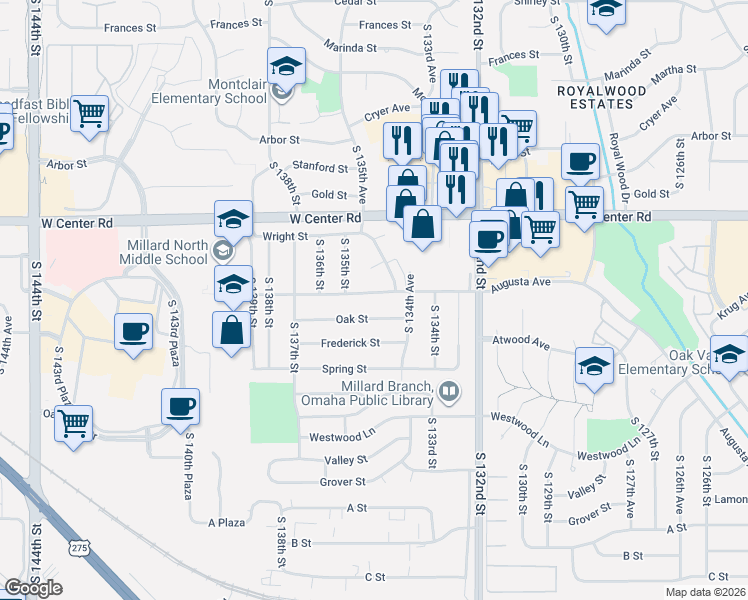 map of restaurants, bars, coffee shops, grocery stores, and more near 13475 Elm Circle in Omaha