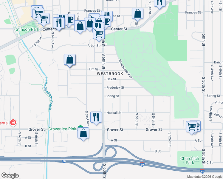 map of restaurants, bars, coffee shops, grocery stores, and more near 5811 Oak Street in Omaha